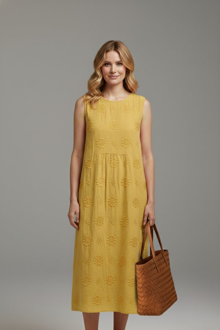 Sleeveless A Line Midi Dress - Yellow
