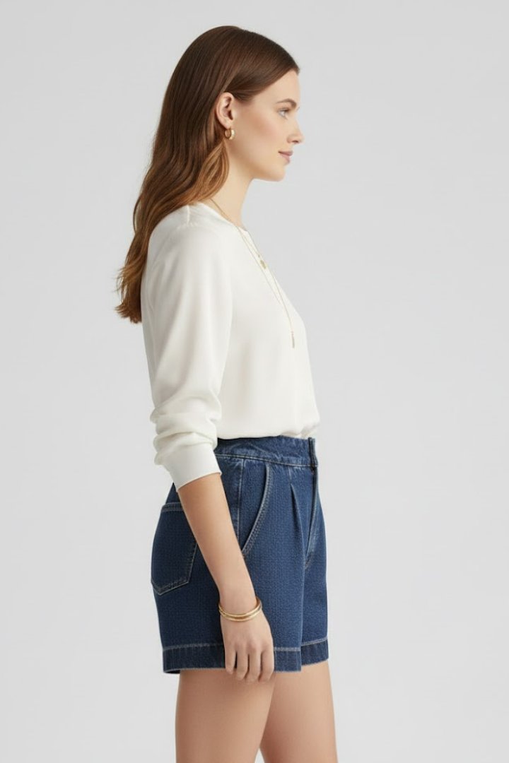 Women's High-Waisted Pleated Denim Shorts