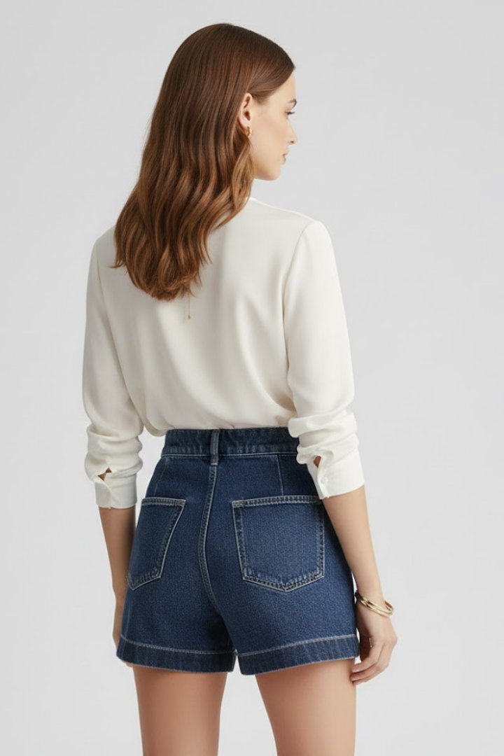 Women's High-Waisted Pleated Denim Shorts