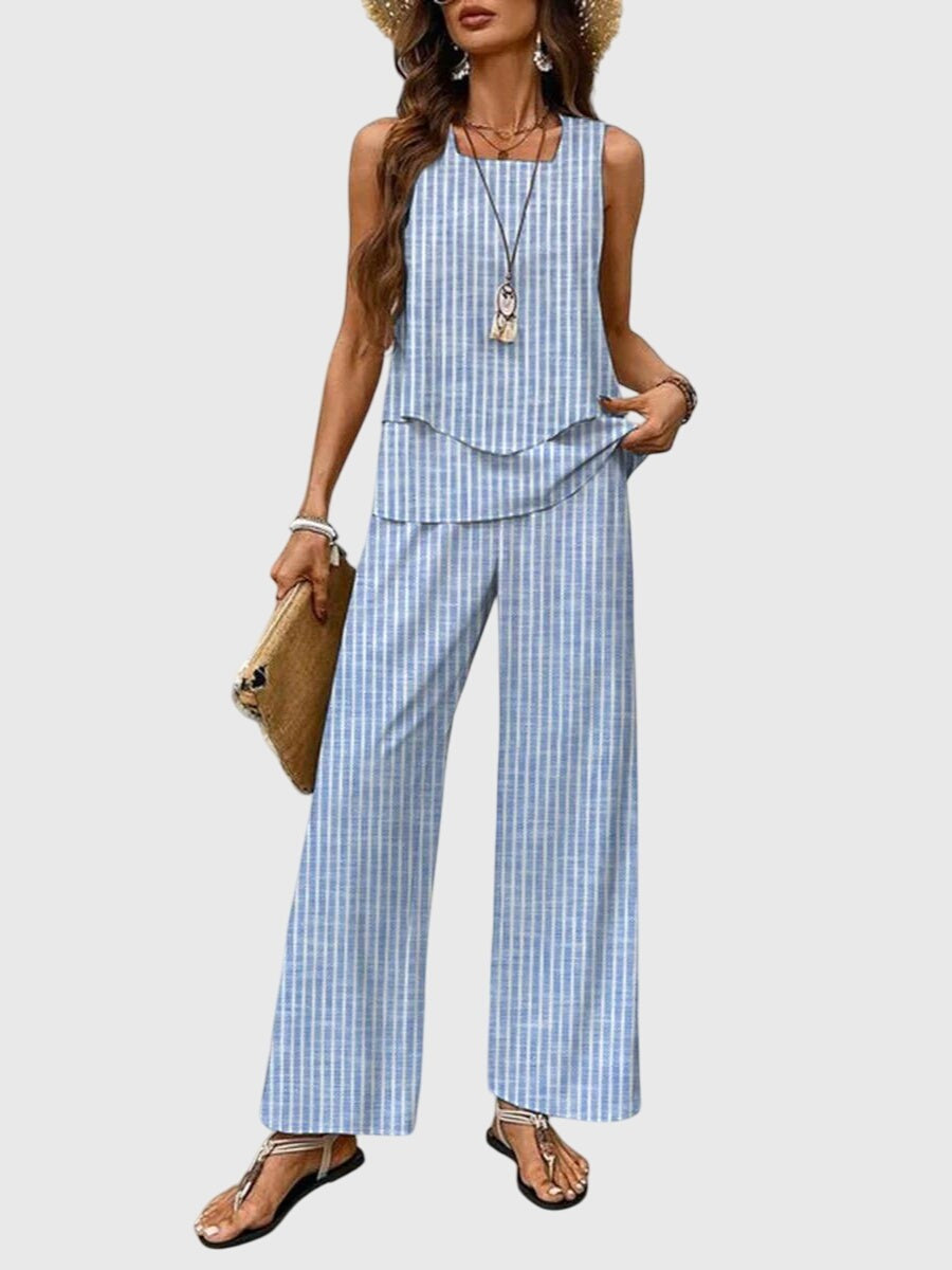 Vacation Wide Leg Two Piece Set - Blue Stripes