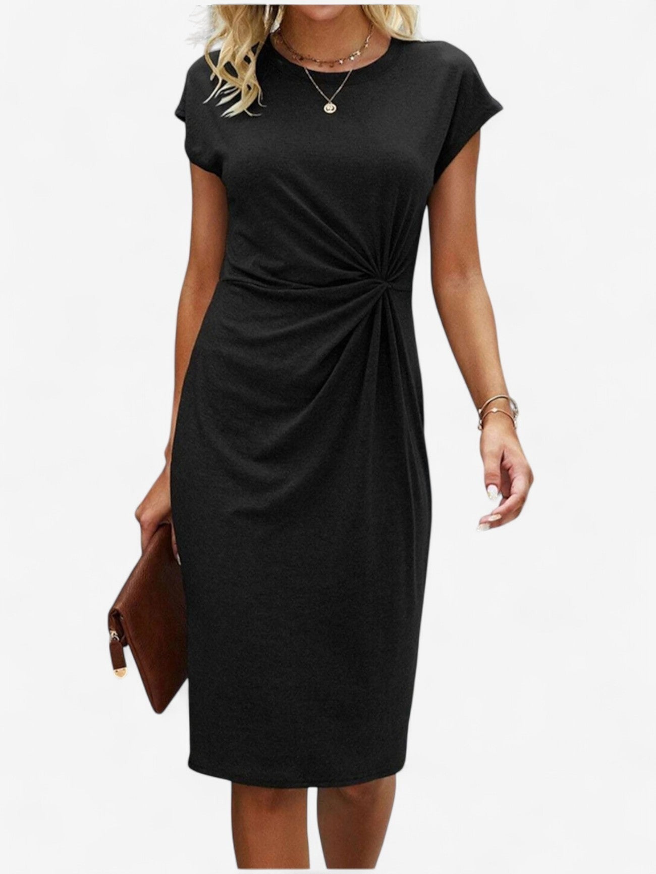 Ruched Bodycon Midi Dress - Black