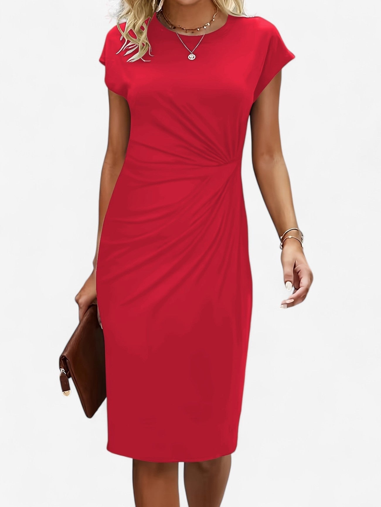 Ruched Bodycon Midi Dress - Red