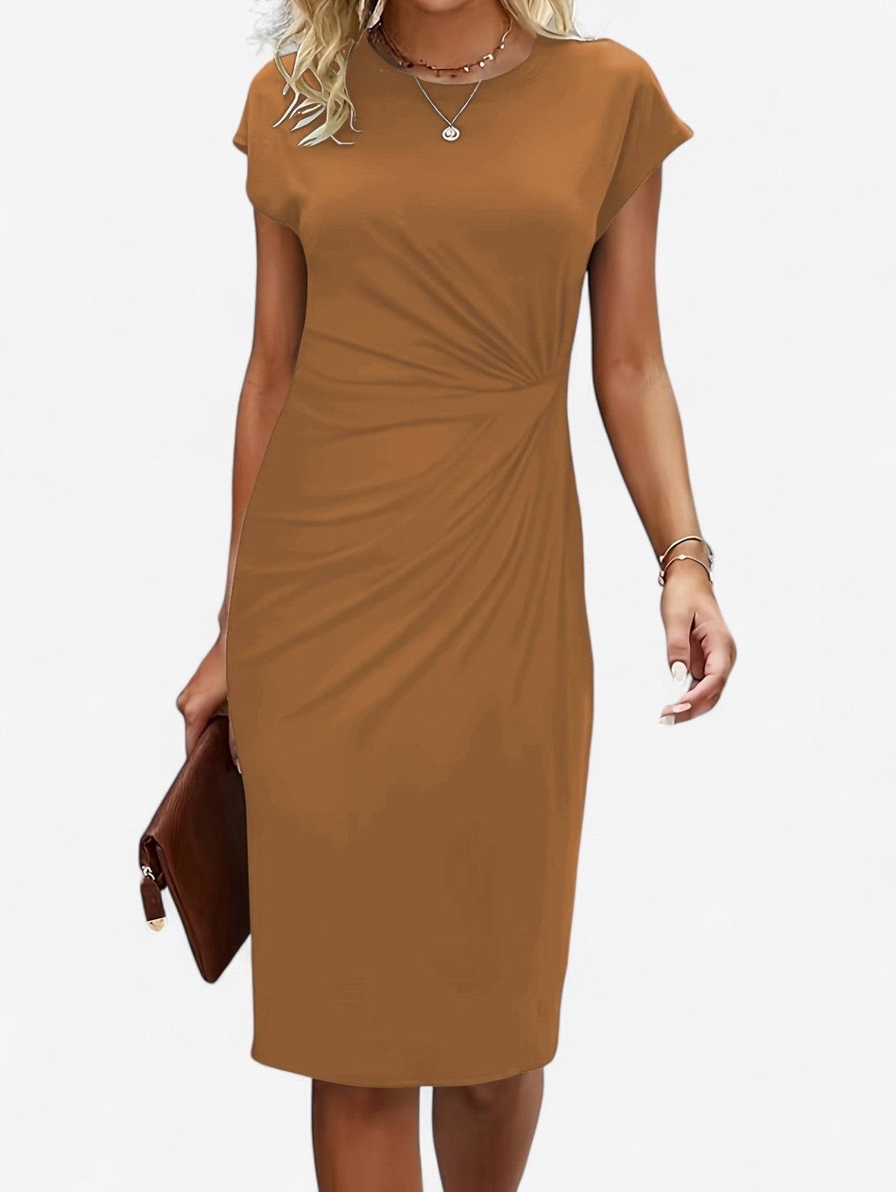Ruched Bodycon Midi Dress - Khaki