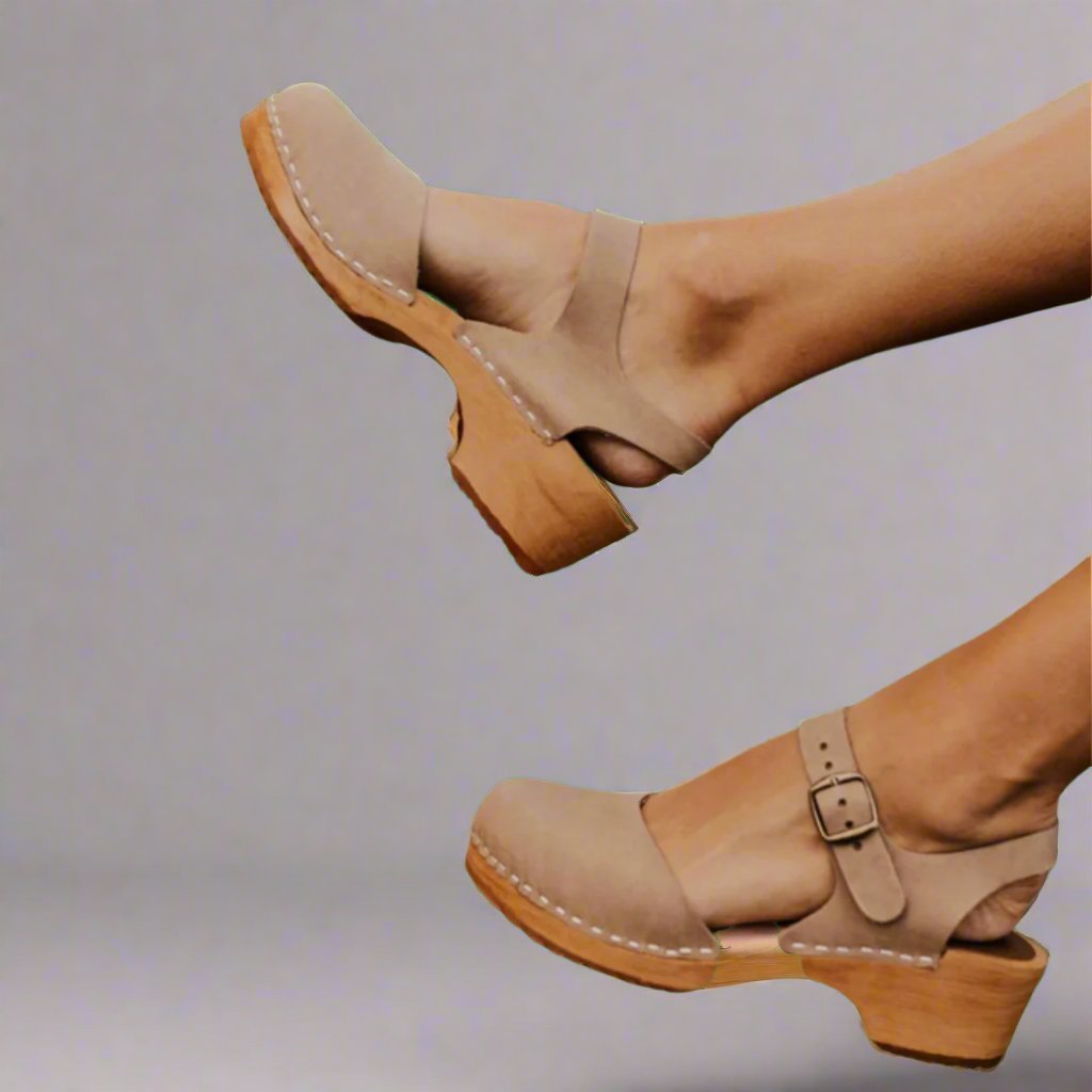 Women's Leather Clog Sandals - Beige