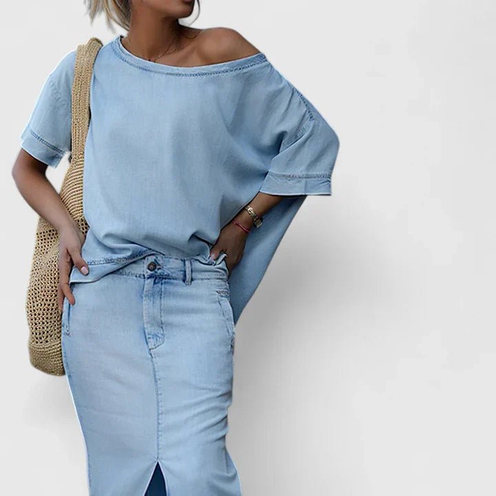 Women's Off-Shoulder Denim Maxi Skirt Set