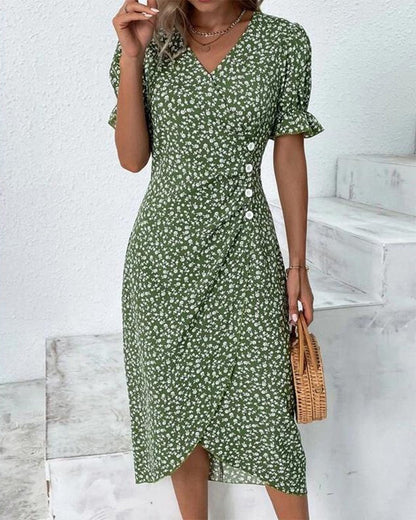 Short Sleeve Floral Midi Dress - Green
