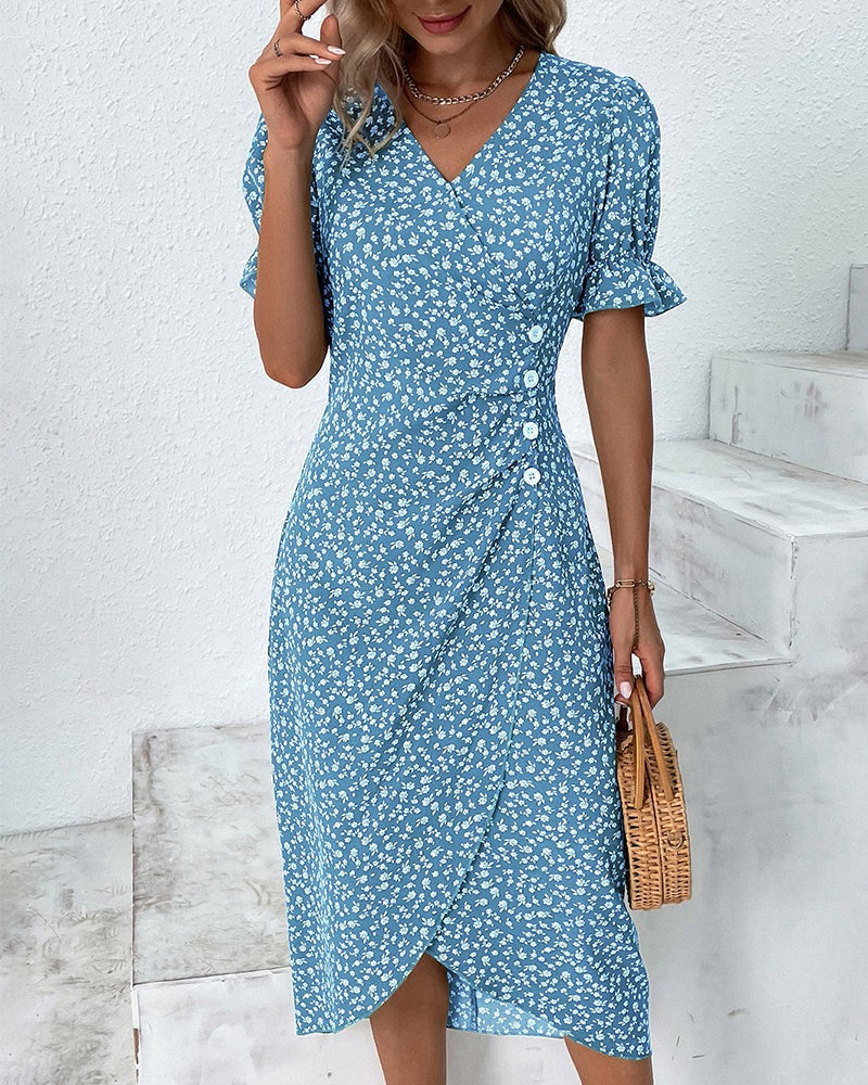 Short Sleeve Floral Midi Dress - Blue