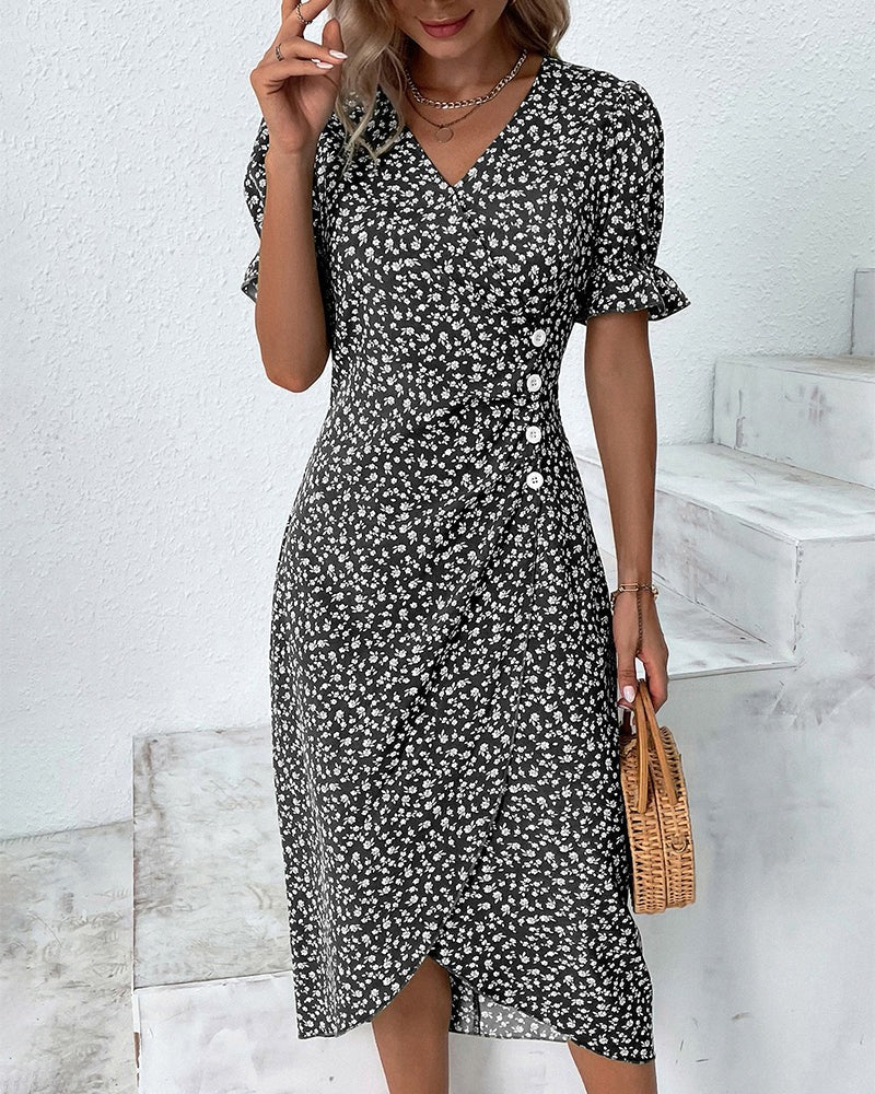 Short Sleeve Floral Midi Dress - Black