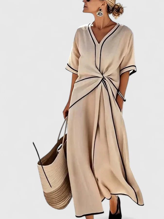 Women's V-Neck Maxi Dress - Beige