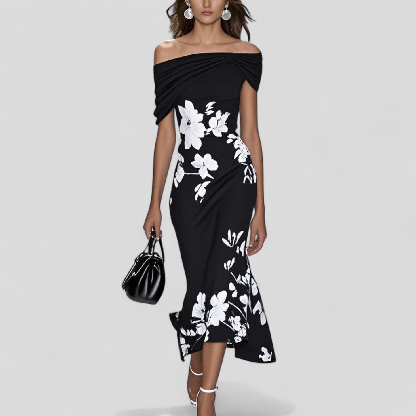 Floral Wedding Guest Midi Dress - Black