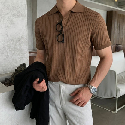 Short Sleeve Knit Polo Shirt - Brown