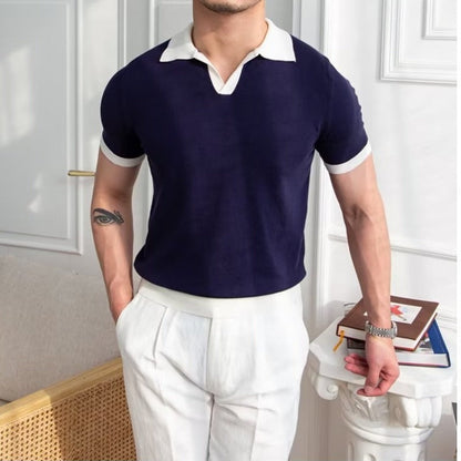 Short Sleeve Knit Polo Shirt - Navy Blue