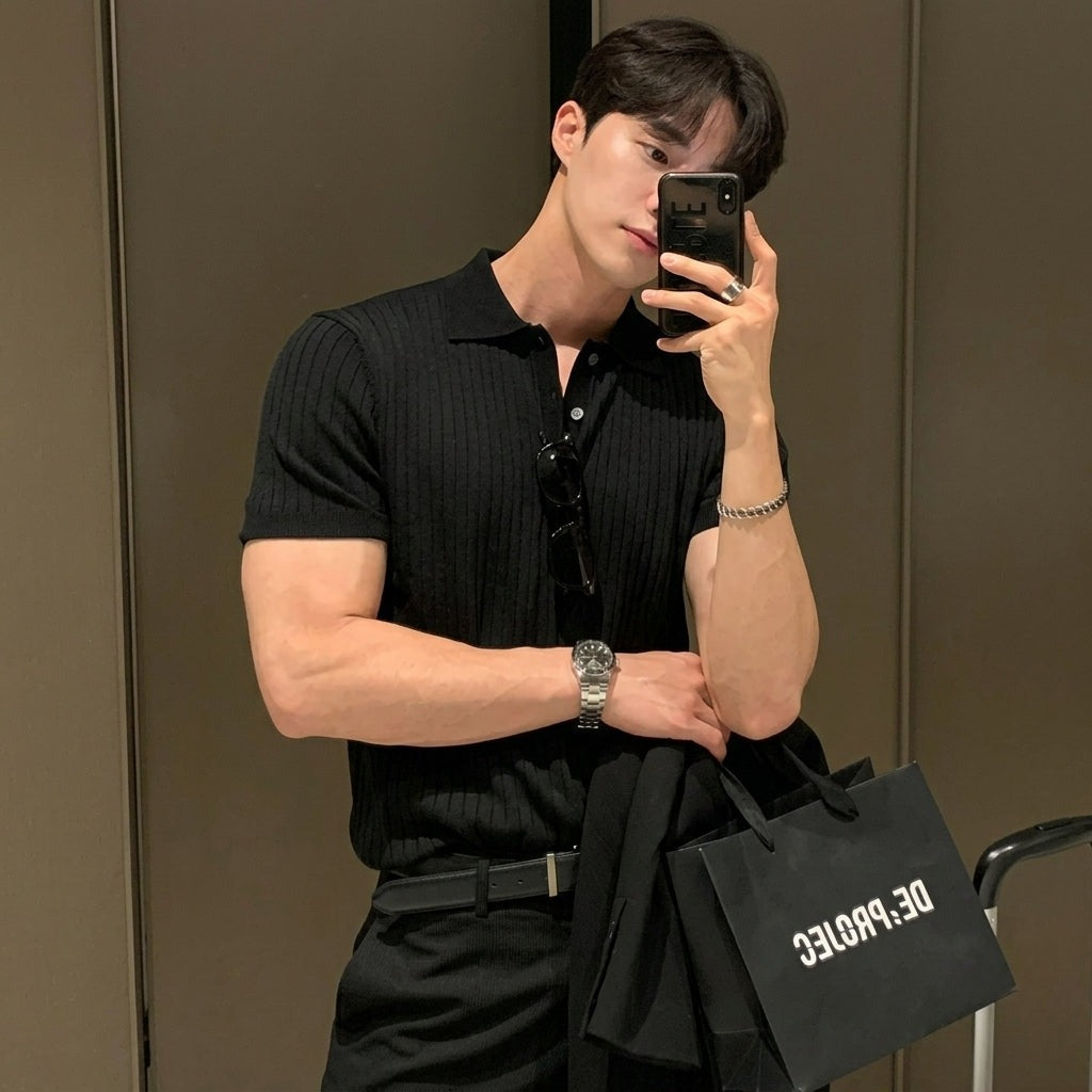 Short Sleeve Knit Polo Shirt - Black