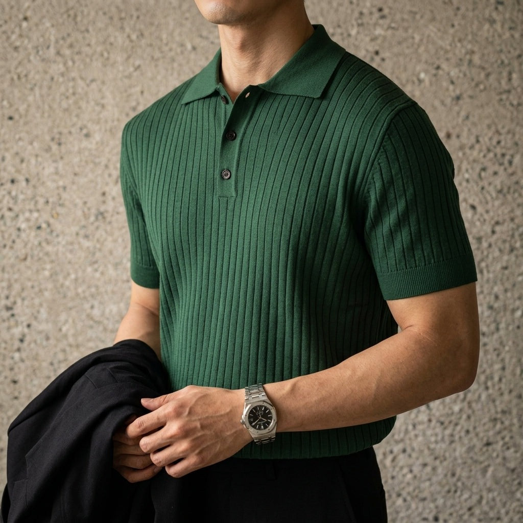 Short Sleeve Knit Polo Shirt - Green