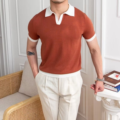Short Sleeve Knit Polo Shirt - Rust