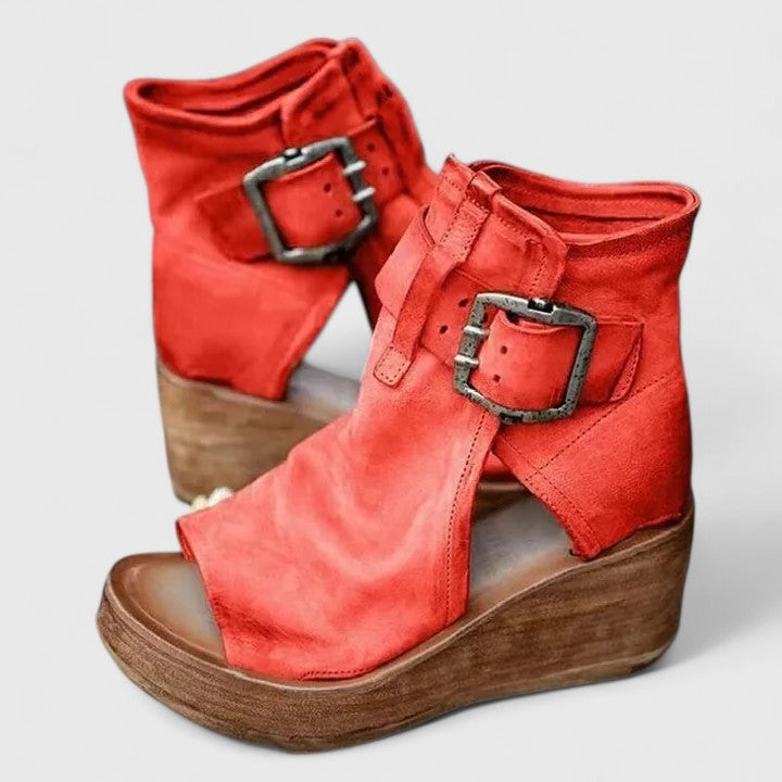 Platform Wedge Ankle Boots - Red