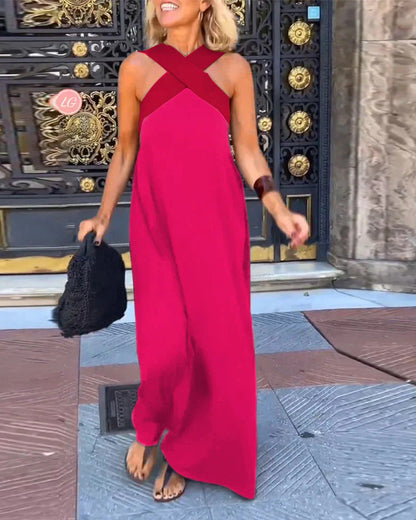 Vacation Halter Maxi Dress - Rose Red