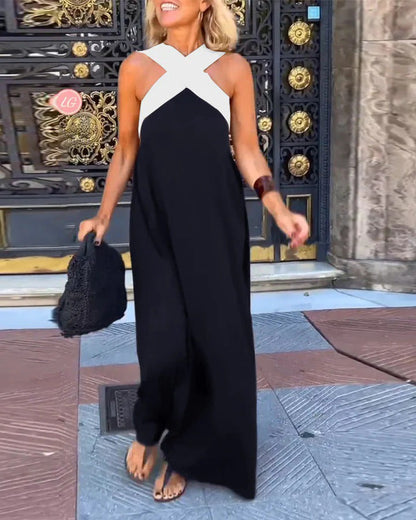 Vacation Halter Maxi Dress - Black/White