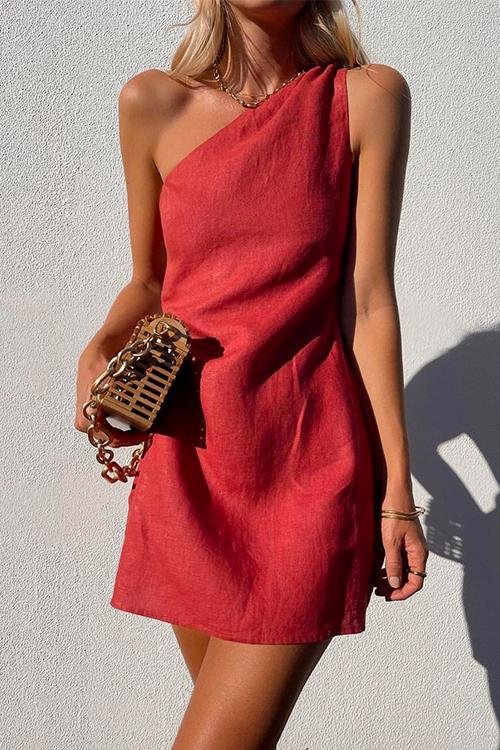 Women's One-Shoulder Linen Mini Dress - Red