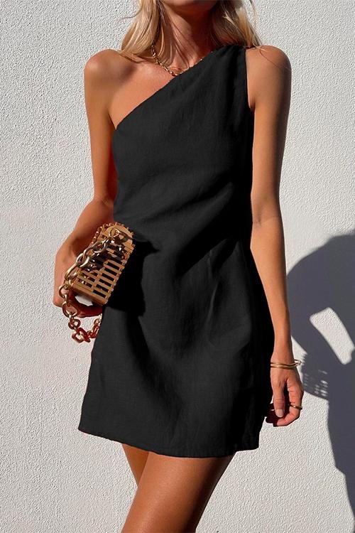 Women's One-Shoulder Linen Mini Dress - Black