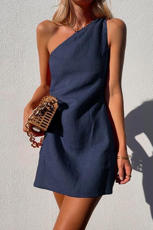 Women's One-Shoulder Linen Mini Dress - Dark blue
