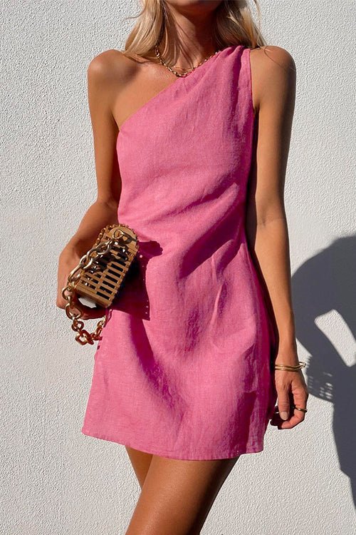 Women's One-Shoulder Linen Mini Dress - Pink