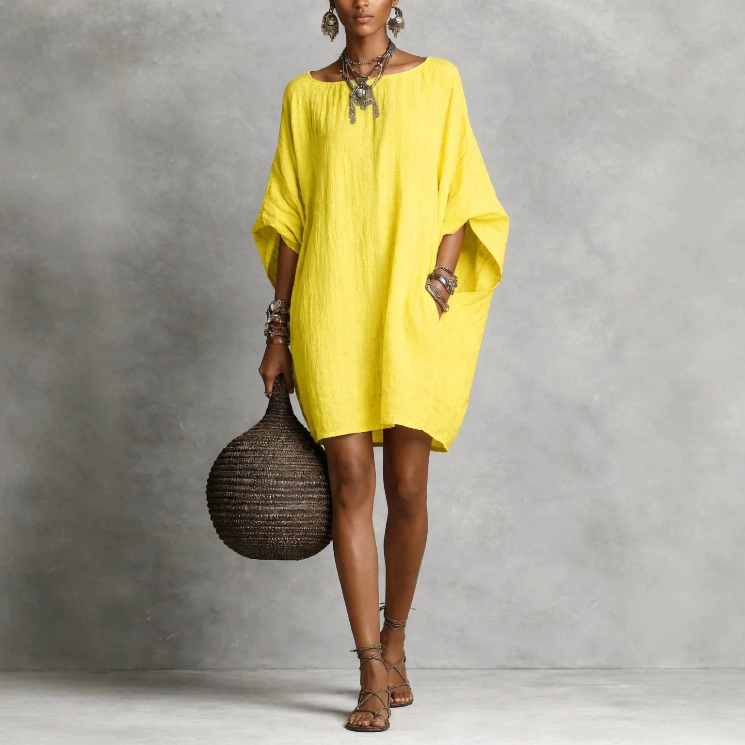 Women's Oversized Off-Shoulder Mini Dress - Yellow