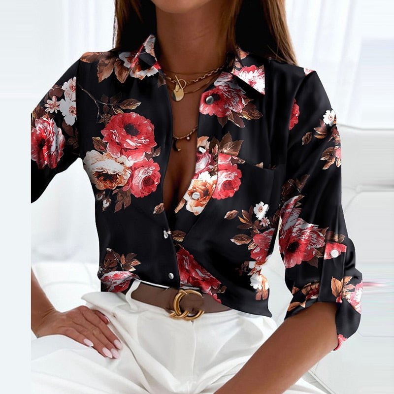 Women's Satin Blouse - Black Pink Flowers