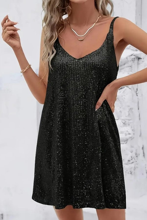 Women's Sequin V-Neck Mini Dress - Black
