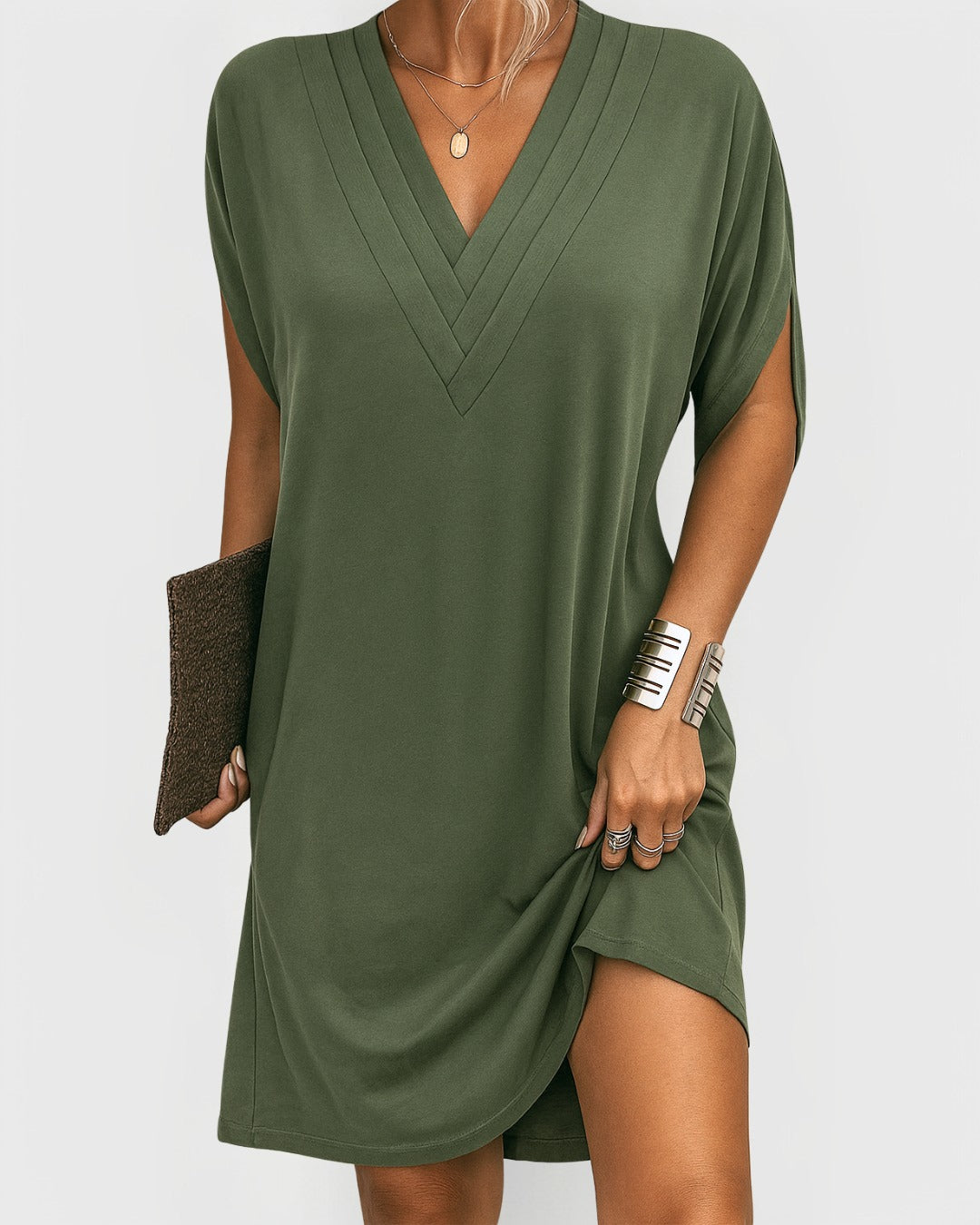 Casual Shift Mini Dress - Olive Green