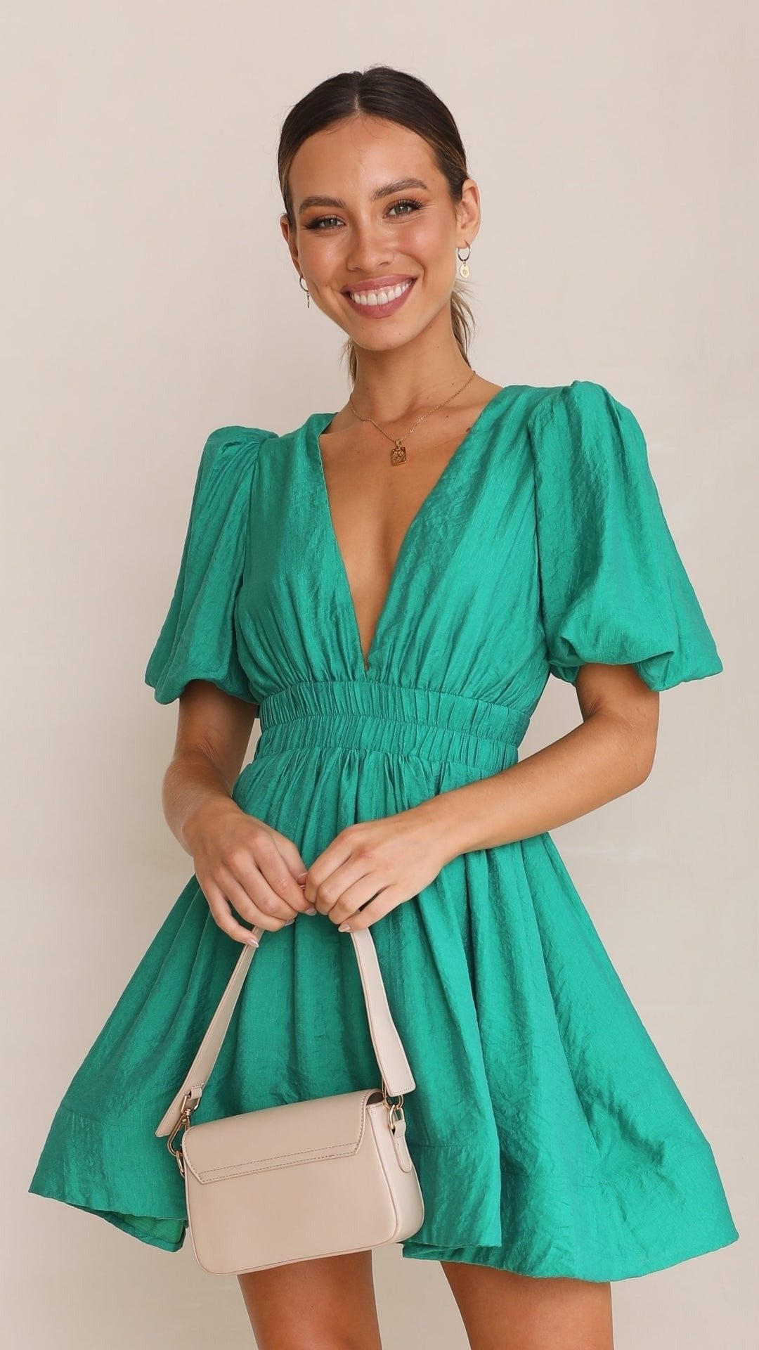 Women's V-Neck Mini Dress - Green