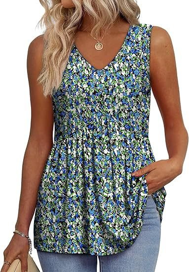 Women's V-Neck Peplum Tank Top - Blue Flowers