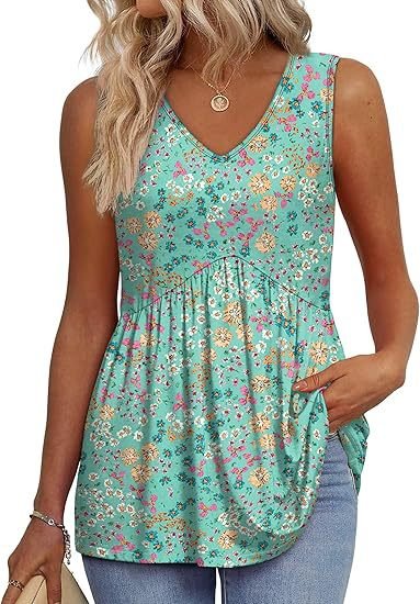 Women's V-Neck Peplum Tank Top - Green Flowers