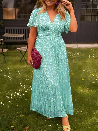 Floral Flutter Sleeve Maxi Dress - Green