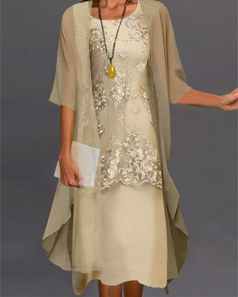 Lace Midi Dress Two Piece Set - Yellow