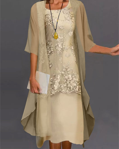 Lace Midi Dress Two Piece Set - Yellow