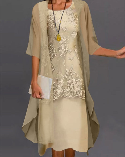 Lace Midi Dress Two Piece Set - Yellow