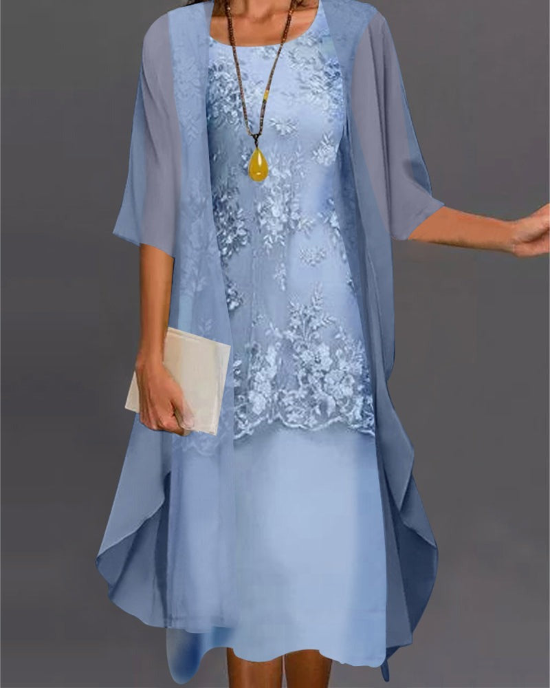 Lace Midi Dress Two Piece Set - Light Blue