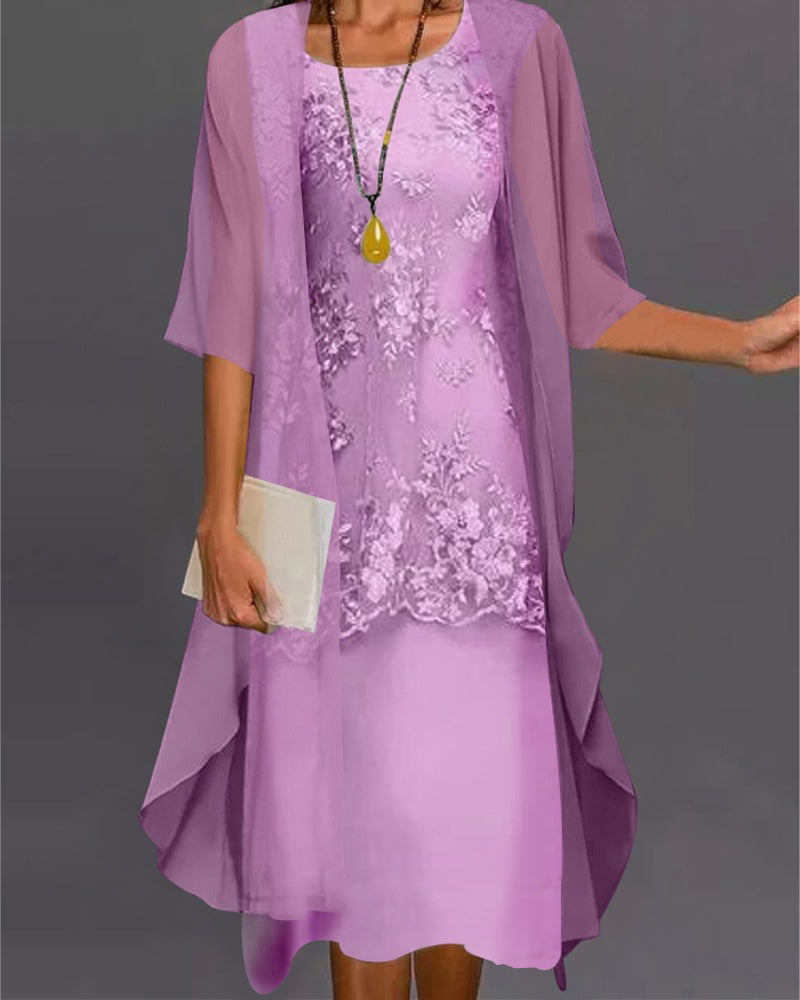 Lace Midi Dress Two Piece Set - Purple