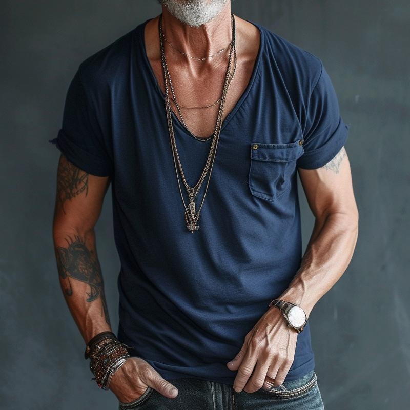 Deep V Neck T Shirt - Navy Blue