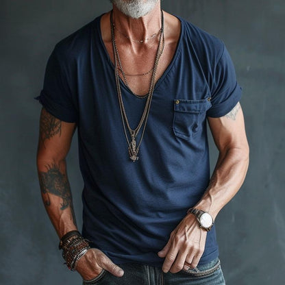 Deep V Neck T Shirt - Navy Blue
