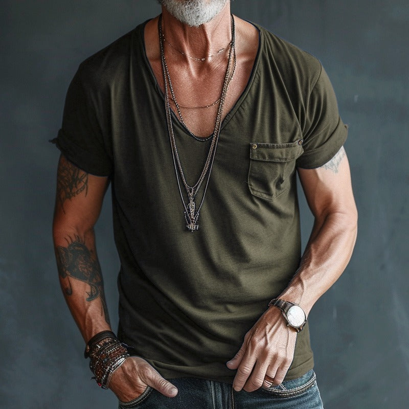 Deep V Neck T Shirt - Army Green