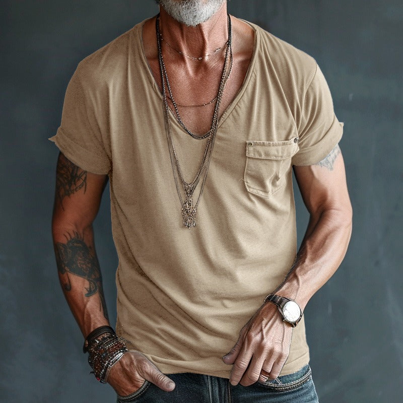 Deep V Neck T Shirt - Khaki