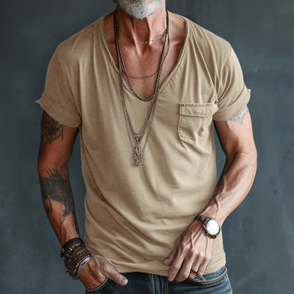 Deep V Neck T Shirt - Khaki