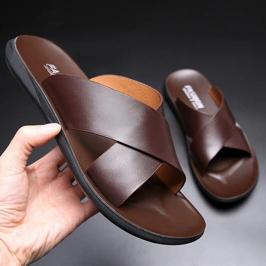 Cross Band Slide Sandals - Brown