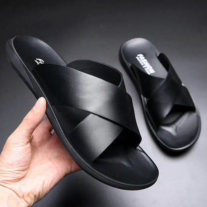 Cross Band Slide Sandals - Black