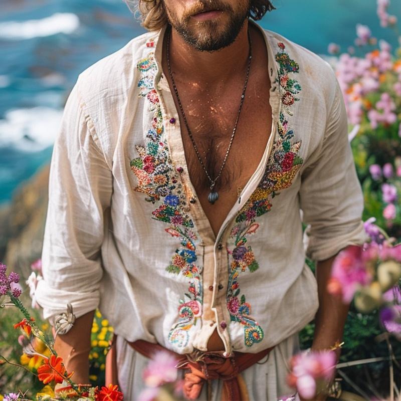 Floral Embroidered Beach Shirt - White