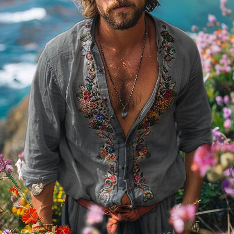Floral Embroidered Beach Shirt - Grey