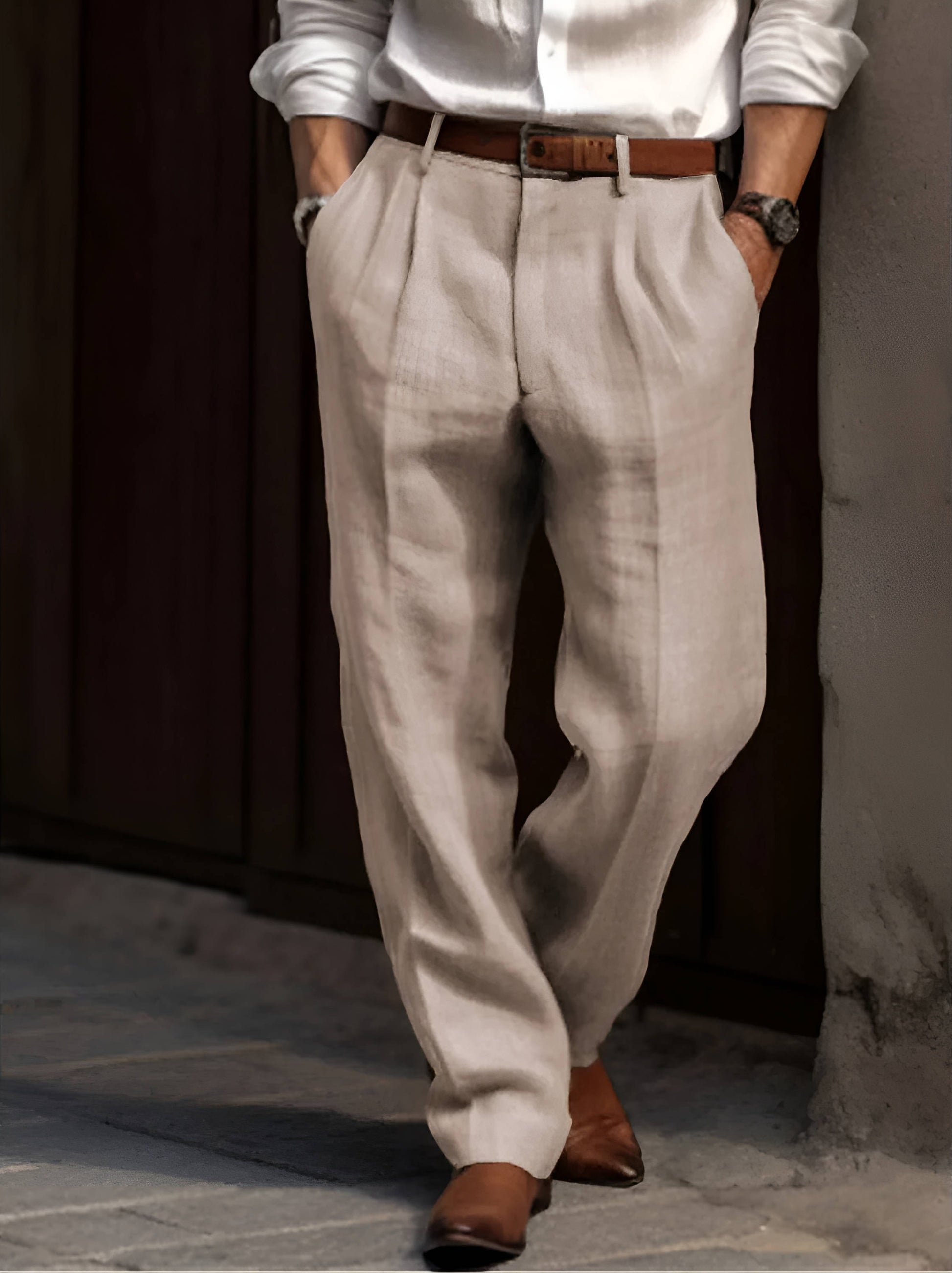 Pleated Straight Leg Pants - Beige