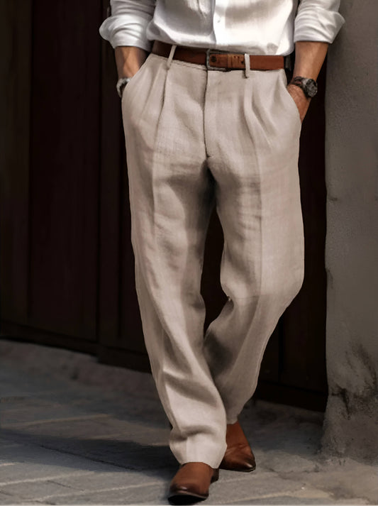 Pleated Straight Leg Pants - Beige